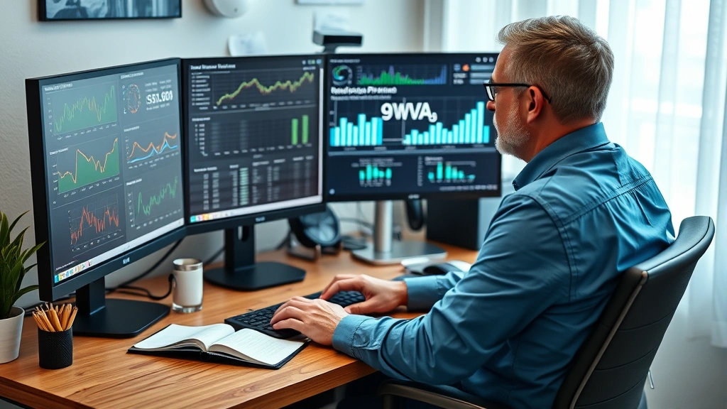 Healthcare professional at home office desk with multiple monitors displaying investment portfolios and financial planning software, organized workspace with professional attire, focused concentration