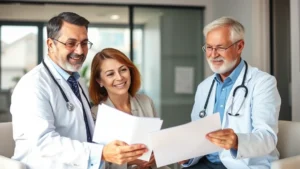 Professional middle-aged couple reviewing health documents with a doctor in a modern medical office, warm natural lighting, both smiling confidently, representing preventative care consultation