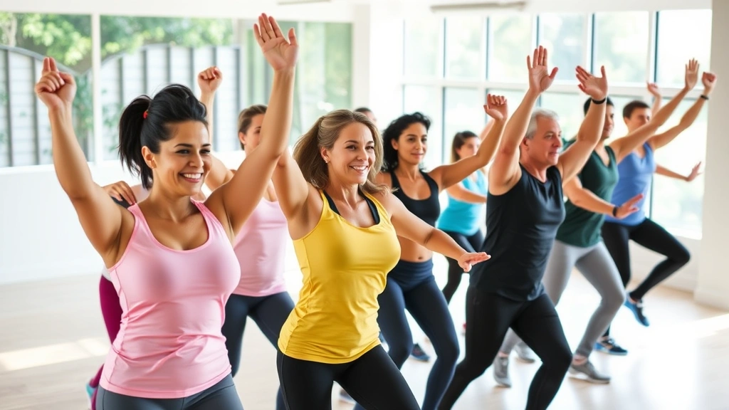 Diverse group of people exercising together in a bright fitness studio with large windows, various ages and body types, engaged and energetic, representing community wellness and fitness benefits