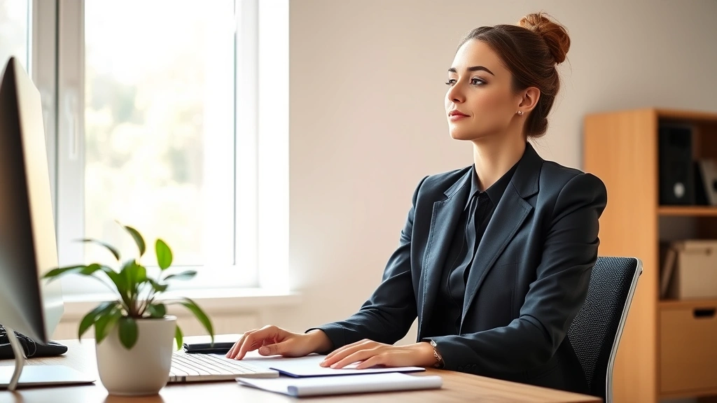 Woman in business attire at a desk looking peaceful and focused while working, natural sunlight through window, plant on desk, representing mental health and productivity connection
