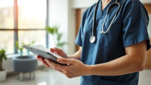 Professional healthcare worker in scrubs reviewing financial documents and investment portfolio on tablet in modern clinic office setting with natural lighting