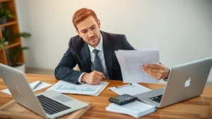 Professional businessman in suit reviewing financial documents and investment portfolio on wooden desk with laptop and calculator, natural office lighting, confident expression, wealth planning concept