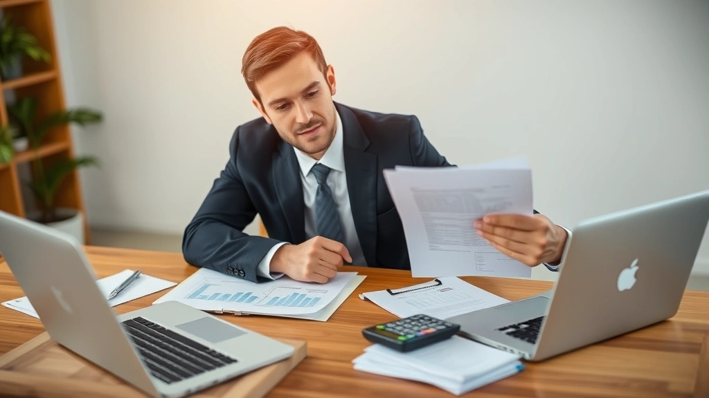 Professional businessman in suit reviewing financial documents and investment portfolio on wooden desk with laptop and calculator, natural office lighting, confident expression, wealth planning concept