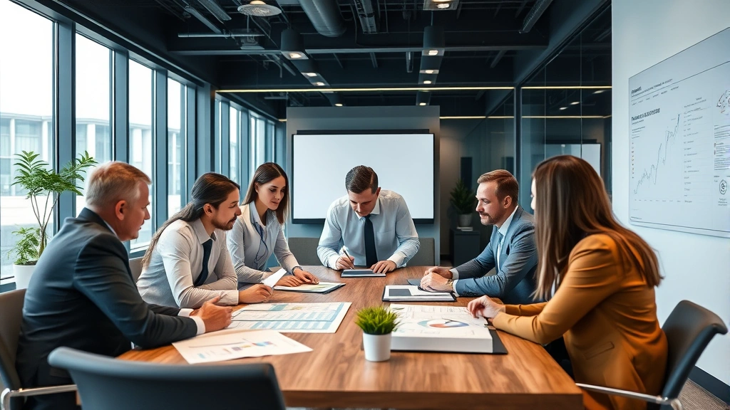 Diverse group of financial professionals in modern office environment discussing investment strategy around conference table with charts and documents visible, collaborative wealth management scene