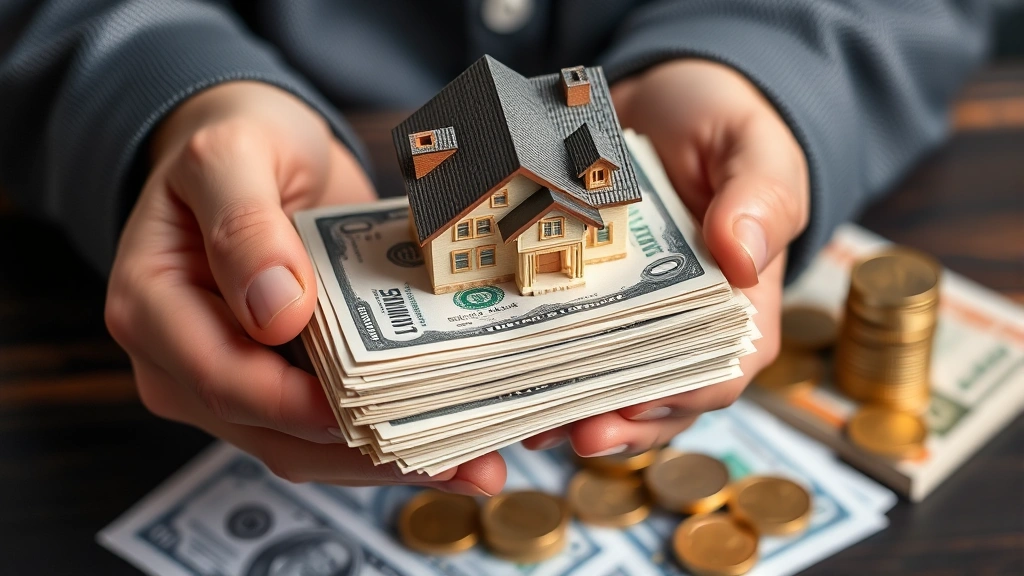 Close-up of hands holding stack of cash with investment property model, gold coins, and stock certificates on background, representing real estate and financial assets accumulation
