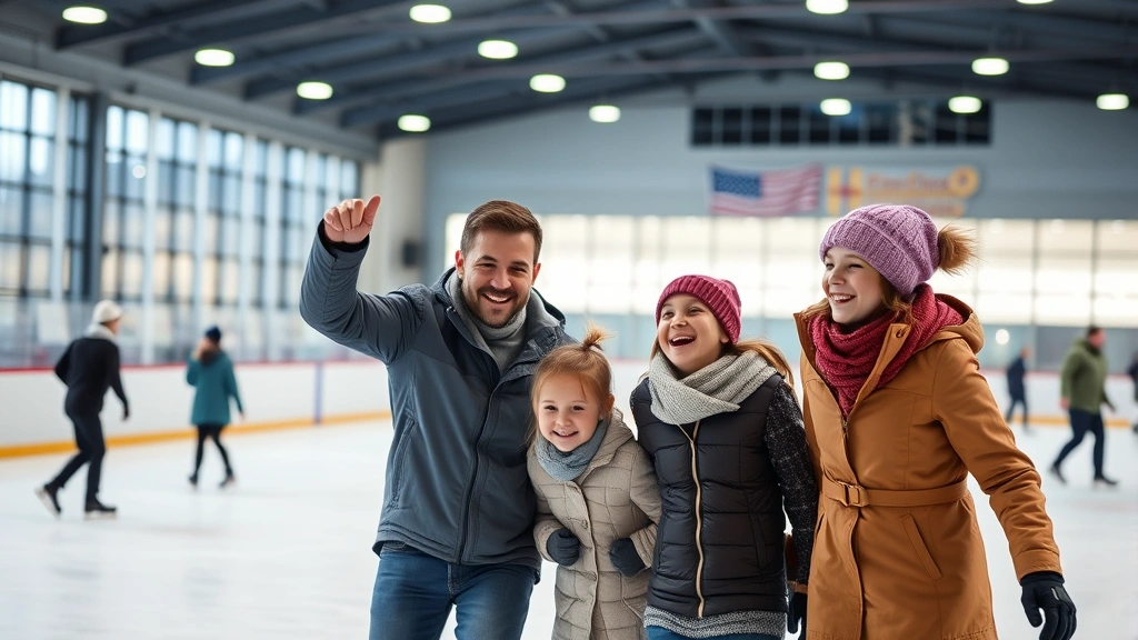 Family enjoying ice skating together at modern indoor ice rink facility with bright lighting and contemporary architecture, emphasizing joy and community participation