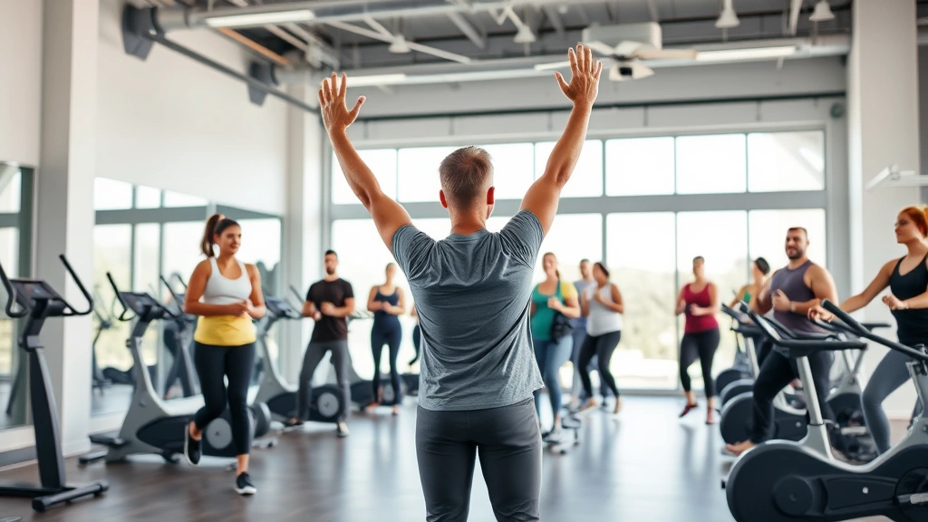 Professional fitness instructor leading group exercise class in modern gymnasium with diverse participants using cardio and strength equipment, promoting health and wellness
