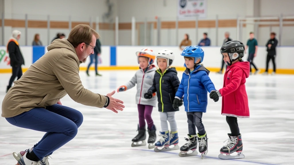 Children learning ice skating from certified instructor in controlled environment, demonstrating proper technique and safety measures with protective equipment visible