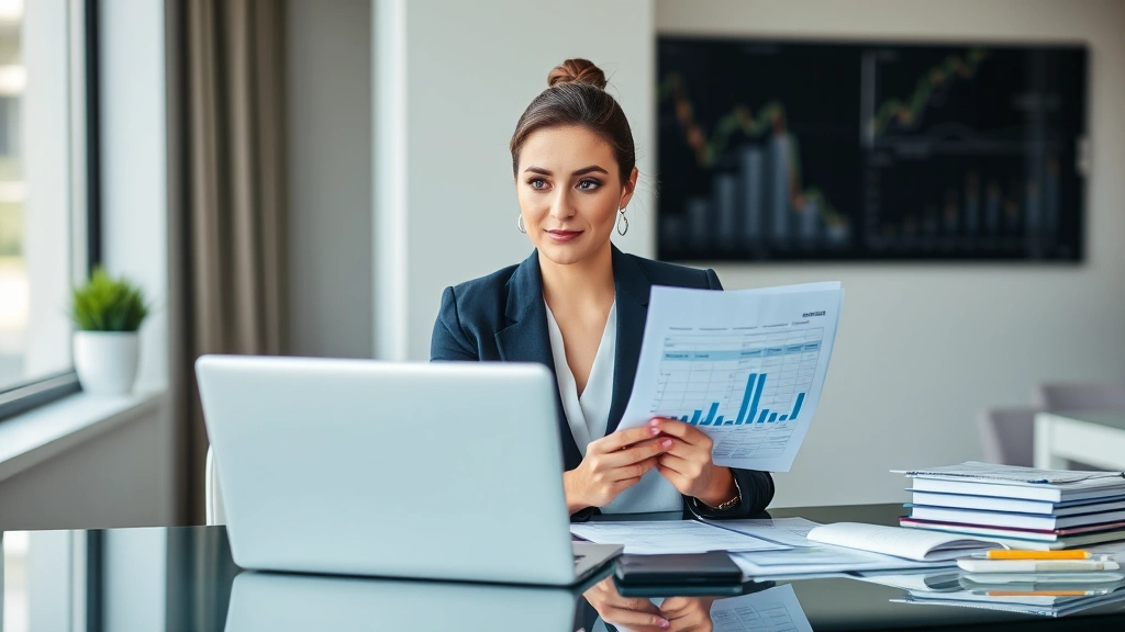 Professional woman in business attire reviewing financial documents and investment portfolio on modern desk with laptop, confident and focused on wealth planning