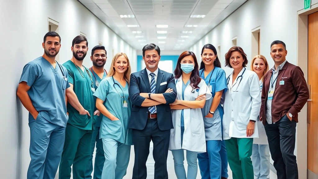 Diverse group of healthcare professionals in scrubs and business casual clothing standing together in modern hospital corridor, representing career advancement and teamwork