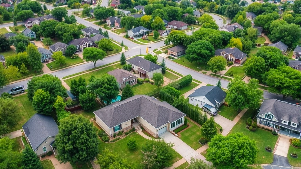 Aerial view of Little Rock neighborhood showing residential homes with lush green yards, tree-lined streets, and modern architecture representing real estate investment opportunities