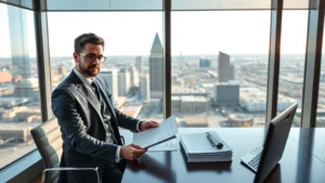 Professional businessman in modern office overlooking Louisville skyline, reviewing financial documents and investment portfolio on desk, confident and focused, natural daylight from large windows