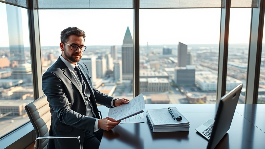 Professional businessman in modern office overlooking Louisville skyline, reviewing financial documents and investment portfolio on desk, confident and focused, natural daylight from large windows