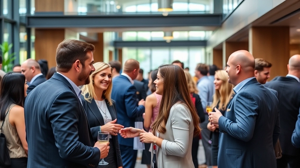 Diverse group of professionals networking at upscale Louisville business event, shaking hands and conversing, modern venue with contemporary architecture, warm professional atmosphere