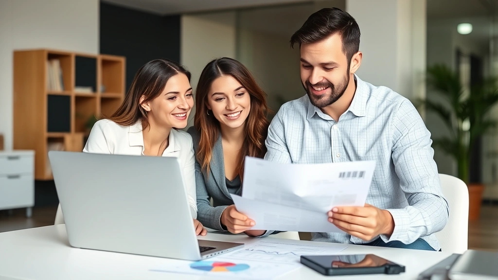 Young couple reviewing home purchase documents with financial advisor in bright modern office, laptop and charts visible, planning their real estate investment strategy
