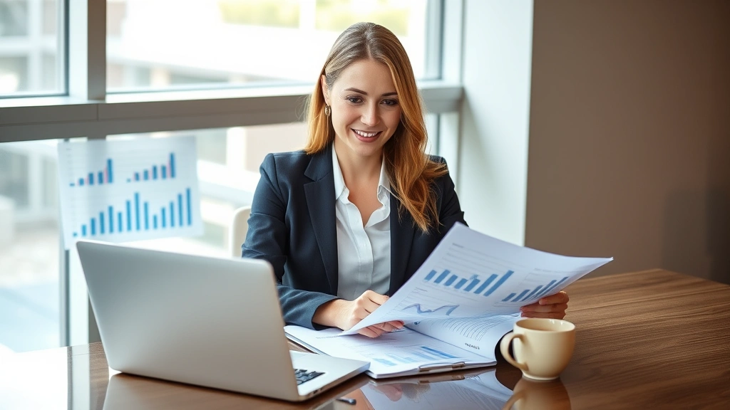Professional woman in business attire reviewing financial documents and charts at modern desk with laptop and coffee cup, natural window lighting, confident expression