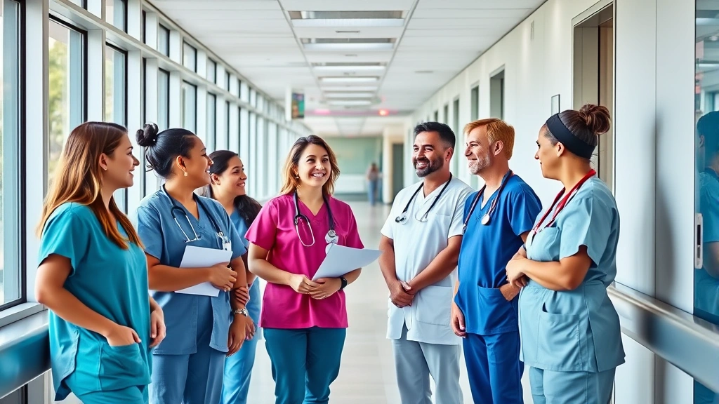 Diverse group of healthcare professionals in scrubs discussing career growth and advancement in modern hospital corridor with natural lighting, collaborative atmosphere