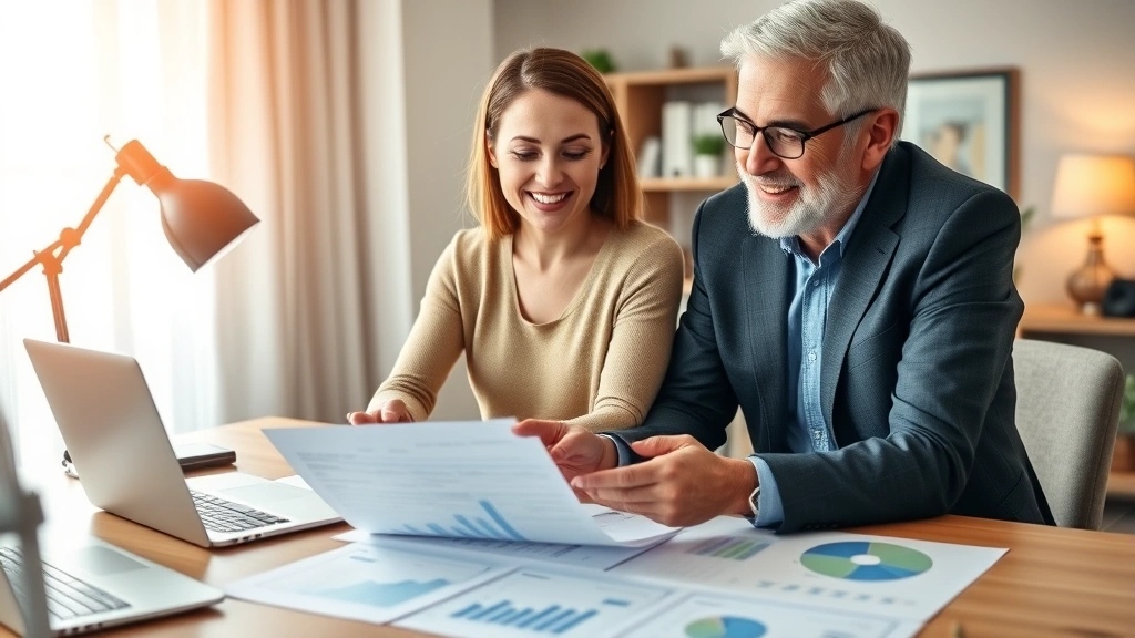 Successful professional couple reviewing investment portfolio and retirement plans at home office desk with graphs and financial documents, warm lighting, satisfied expression