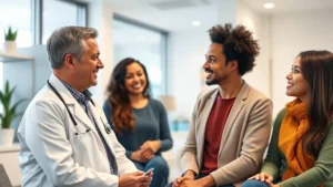 Professional healthcare provider in white coat consulting with patient in modern medical office, warm lighting, diverse individuals, genuine caring interaction, wellness-focused environment