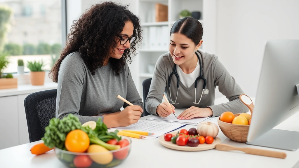 Nutritionist or dietician working with patient at desk reviewing healthy meal plan with fresh vegetables and whole foods visible on desk, professional healthcare setting