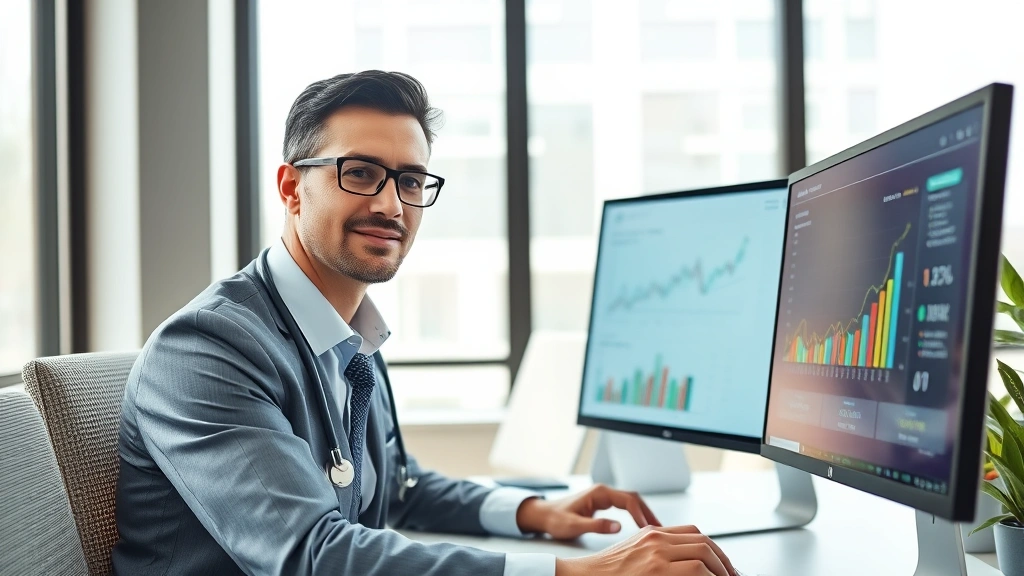 Professional healthcare worker in modern office reviewing financial charts and investment portfolio on computer, wearing business attire, confident expression, natural lighting from window