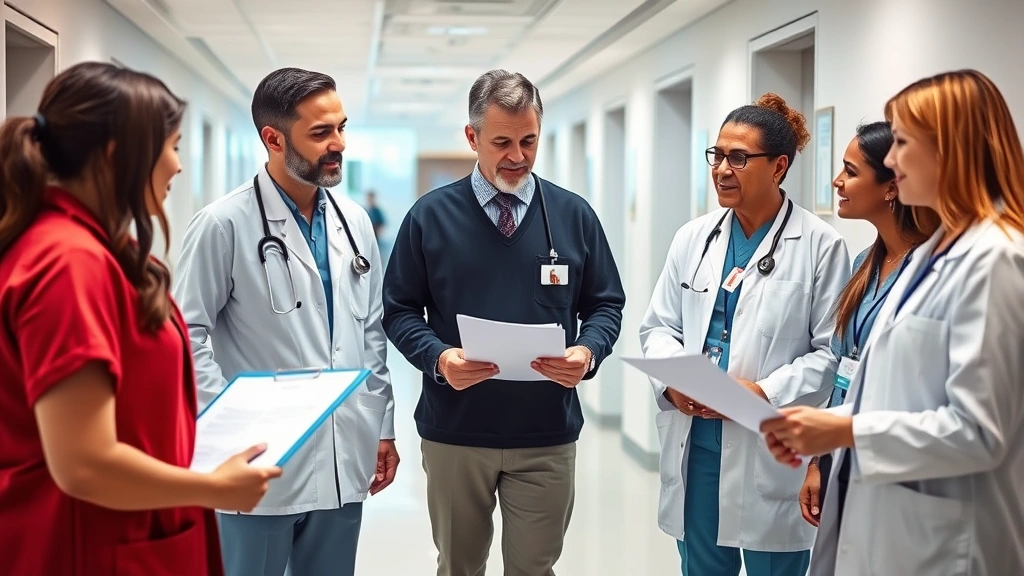 Diverse group of medical professionals in hospital setting discussing financial planning with advisor, holding documents, collaborative atmosphere, modern healthcare facility background
