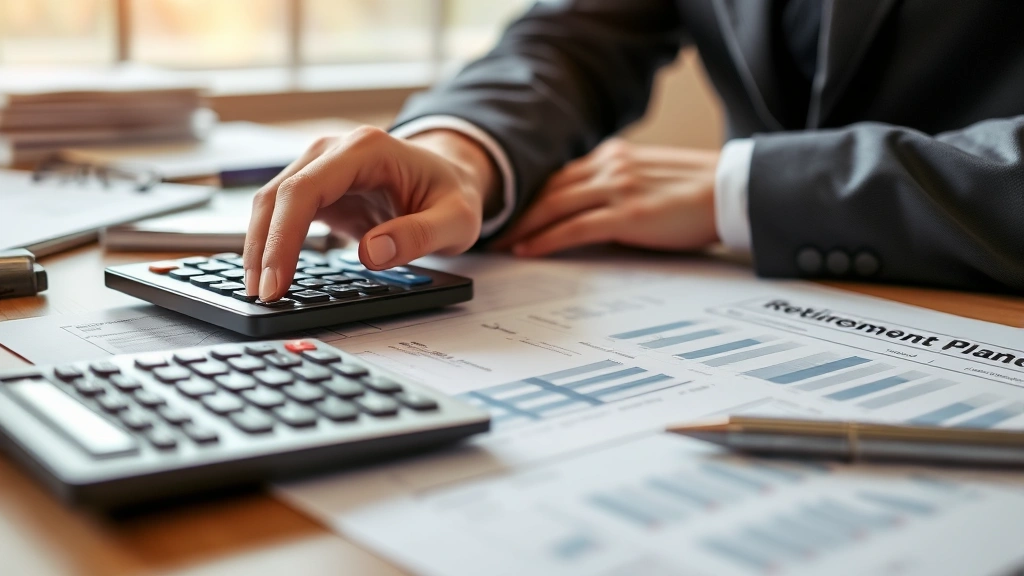 Close-up of hands reviewing financial documents and retirement planning paperwork on desk, calculator and pen visible, organized workspace, warm professional lighting