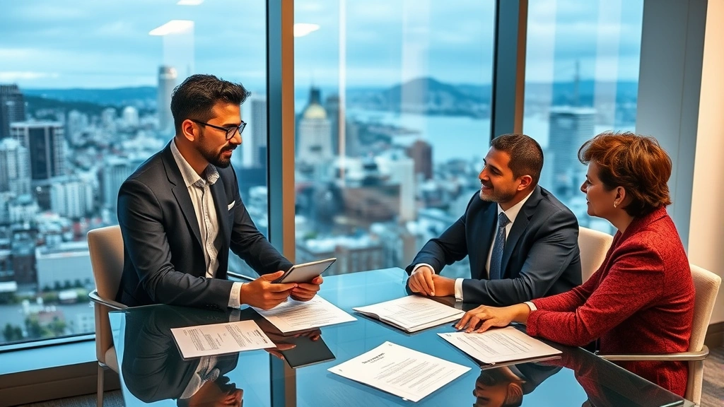 Professional financial advisor meeting with diverse Bay Area entrepreneur in modern San Francisco office overlooking city skyline, discussing investment portfolio with tablet and documents on glass table