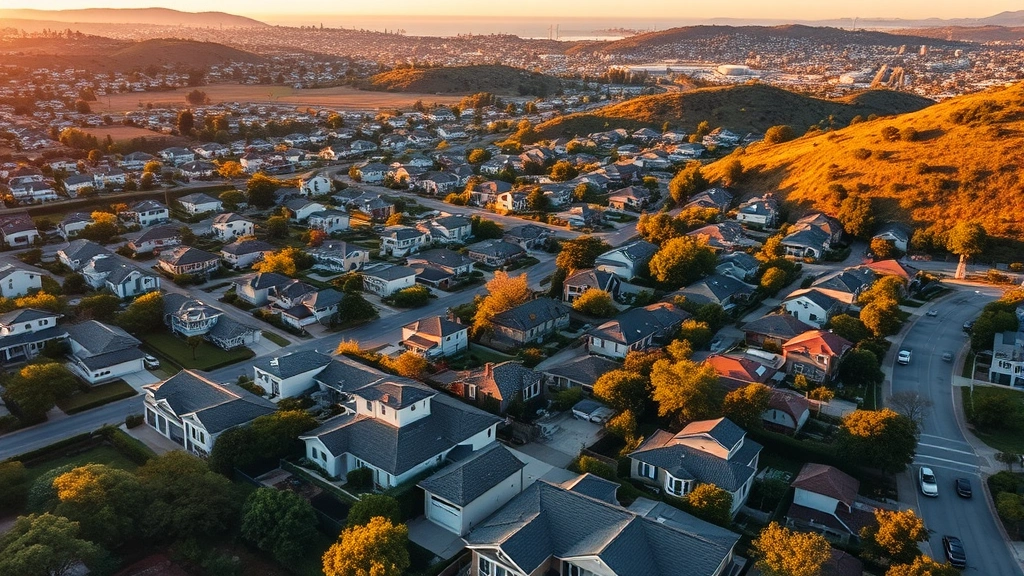 Aerial view of Bay Area residential neighborhoods with mix of modern homes and natural landscape, golden hour lighting, showing real estate wealth and community development