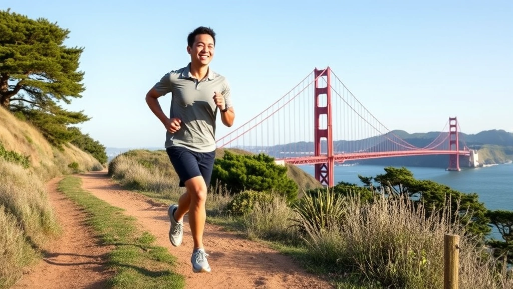 Successful Bay Area professional in wellness setting—running on scenic trail with Golden Gate Bridge visible, healthy and energetic, representing integration of physical health and financial success