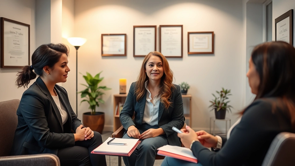 Professional behavioral health counselor in modern clinical office setting with comfortable seating, warm lighting, diplomas on walls, note-taking materials visible on desk, calm therapeutic environment, diverse professional in business casual attire