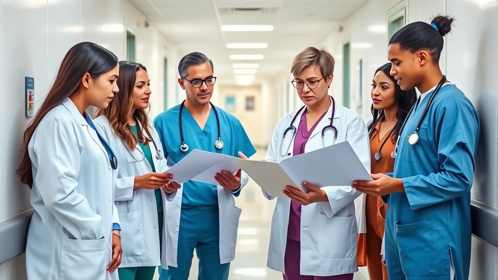 Diverse team of healthcare professionals in hospital hallway reviewing patient charts and collaborating, wearing clinical attire, modern healthcare facility background, natural lighting, engaged discussion, representing multidisciplinary behavioral health team