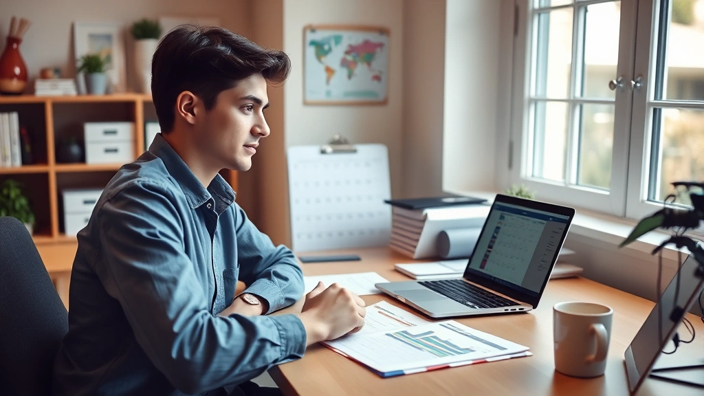 Young professional at home office desk with laptop, calendar, financial planning documents, coffee cup, window with natural light, organized workspace, appearing focused and productive during remote teletherapy session setup