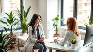 Professional female therapist in modern office setting conducting session, warm lighting, comfortable seating, plants, professional attire, genuine engagement with client across desk, natural daylight from window