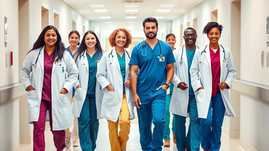 Diverse team of healthcare professionals in hospital hallway wearing scrubs and white coats, walking together confidently, modern healthcare facility, inclusive workplace, collaborative environment, bright professional setting