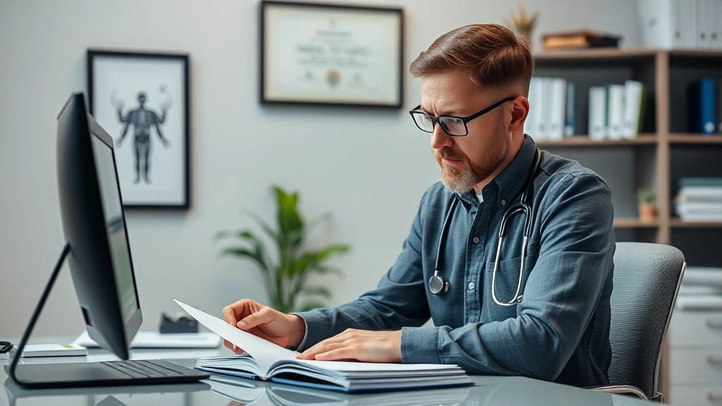 Male psychiatrist in clinical office reviewing patient notes at desk, stethoscope visible, diploma on wall, modern medical technology, professional bookshelf, contemporary healthcare workspace, focused expression