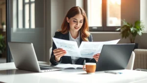 Professional woman in business attire reviewing financial documents at modern desk with laptop and coffee, natural window light, focused expression, contemporary office environment
