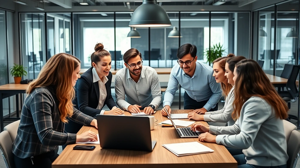Diverse group of professionals in casual business clothing collaborating around a table with notebooks and laptops, positive energy, teamwork atmosphere, modern collaborative workspace