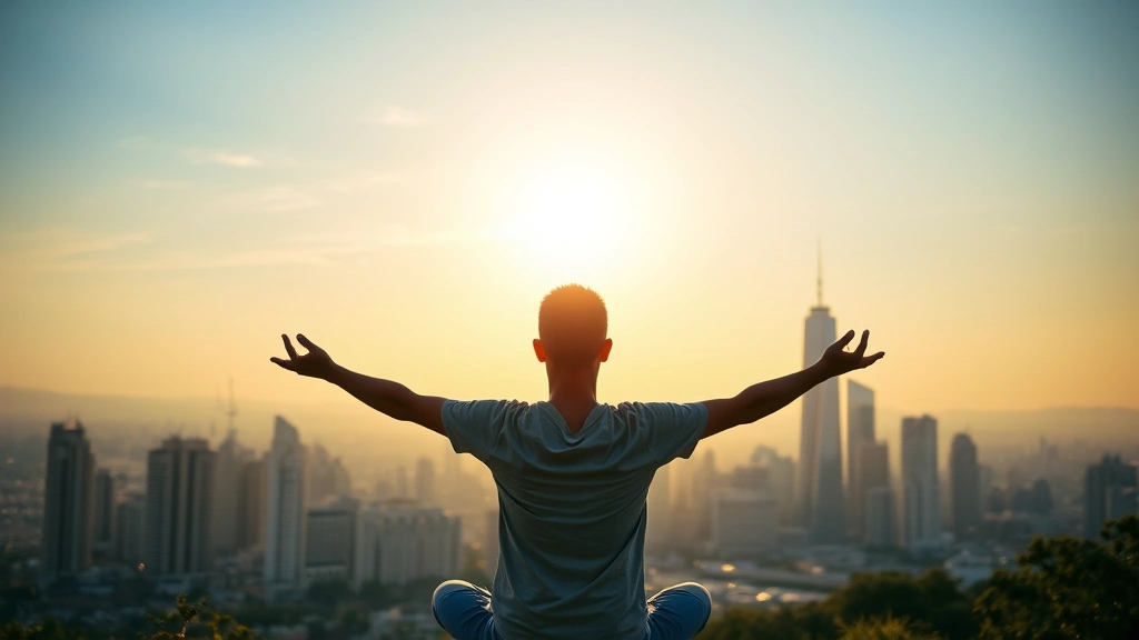 Person meditating or in contemplative pose overlooking city skyline during golden hour, peaceful expression, representing mindfulness and financial clarity, inspirational composition