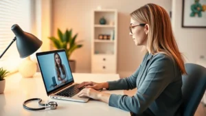 Professional woman therapist conducting virtual telehealth session on laptop in modern clinical office, warm lighting, patient visible on screen, stethoscope and digital health tablet on desk, contemporary healthcare environment