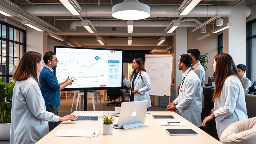 Diverse group of healthcare professionals and software engineers collaborating in modern tech startup office, examining data on large monitor, whiteboards with health metrics, collaborative workspace atmosphere, contemporary furniture