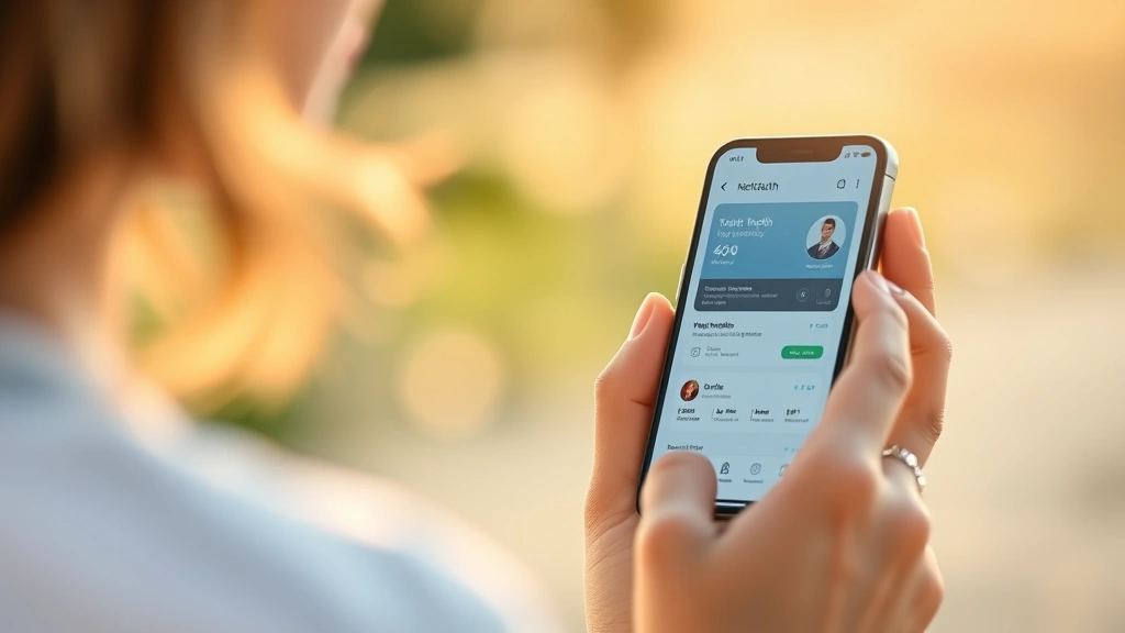 Closeup of person using smartphone mental health app with soothing interface design, hand holding phone showing wellness dashboard, peaceful background with soft natural lighting, technology enabling personal wellbeing