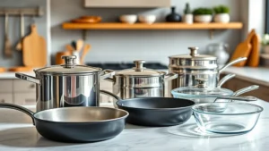 Professional kitchen setup with various cookware materials displayed: stainless steel pots, cast iron skillets, ceramic pans, and glass baking dishes arranged on modern countertop with natural lighting highlighting material textures and finishes