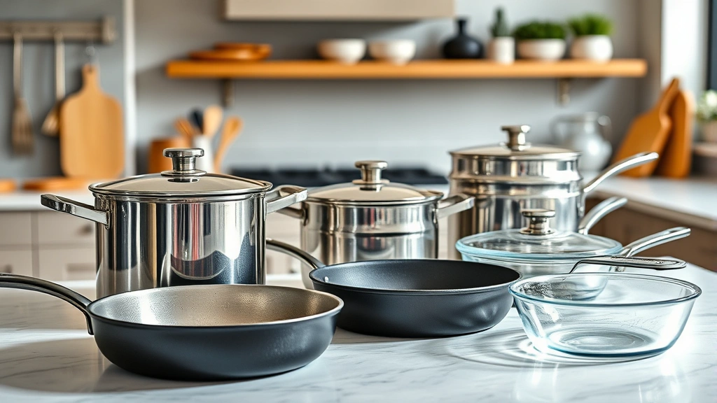 Professional kitchen setup with various cookware materials displayed: stainless steel pots, cast iron skillets, ceramic pans, and glass baking dishes arranged on modern countertop with natural lighting highlighting material textures and finishes