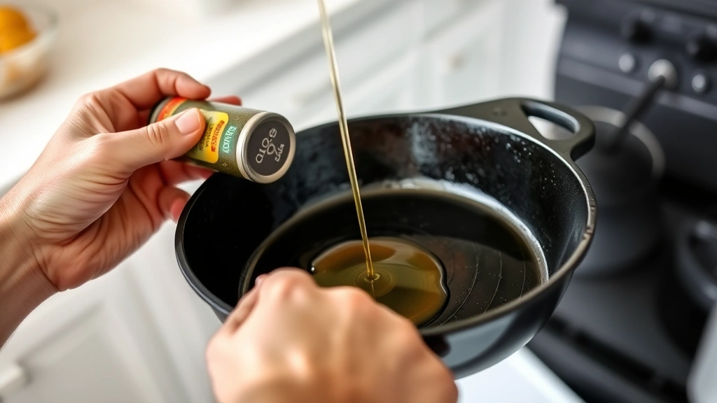 Close-up of hands seasoning cast iron skillet with oil, showing the dark patina and protective coating, emphasizing traditional cookware maintenance and durability in a bright, clean kitchen environment