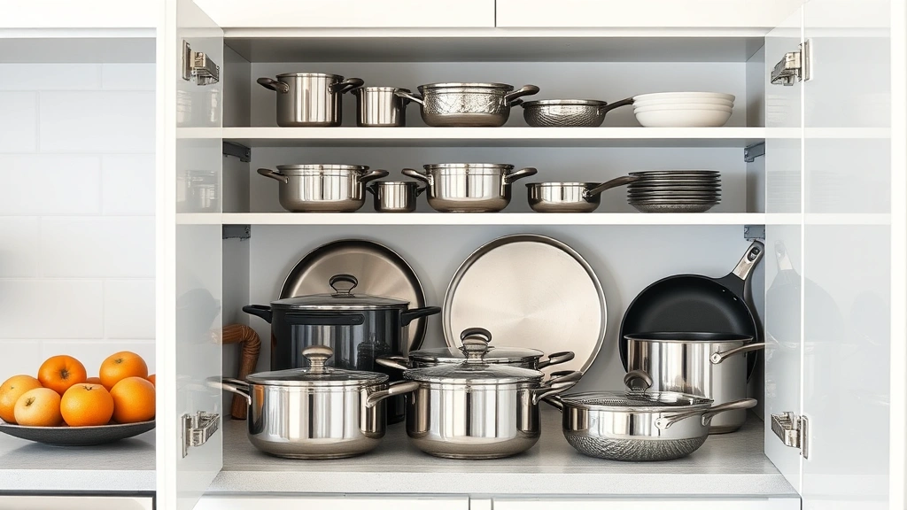 Wealthy household kitchen with multiple high-quality cookware pieces organized in a modern kitchen cabinet, displaying investment in health-conscious cooking equipment, clean minimalist aesthetic with premium materials visible
