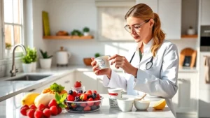 Professional nutritionist analyzing yogurt containers in a bright, modern kitchen with fresh berries and healthy ingredients displayed on marble countertop, morning sunlight streaming through windows