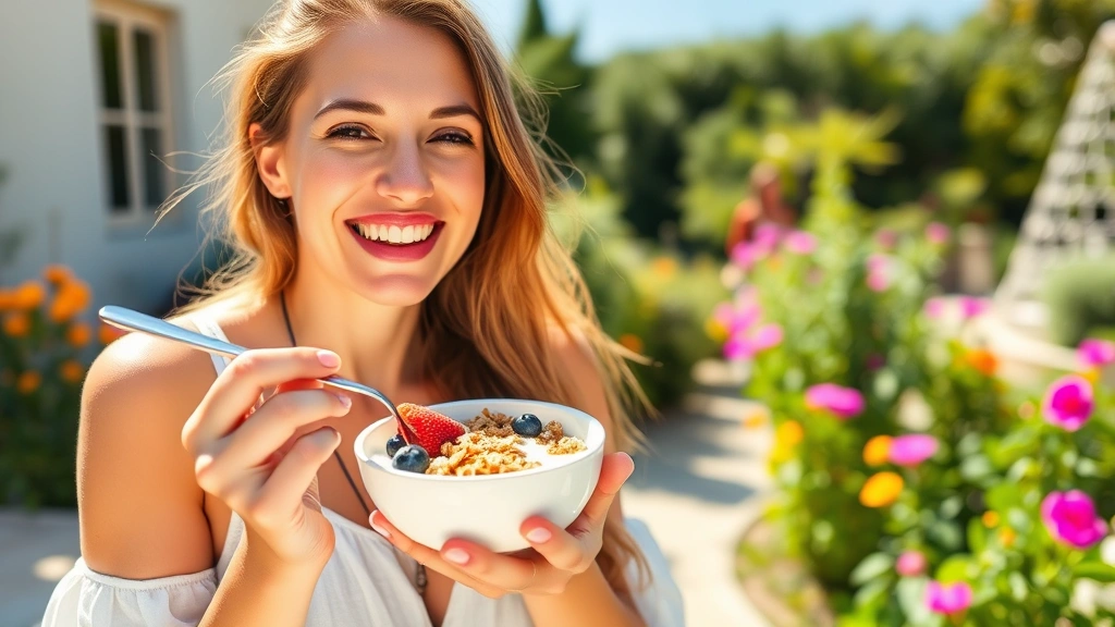 Woman enjoying yogurt breakfast with granola and fresh berries outdoors in natural sunlight, expressing wellness and vitality, Mediterranean garden setting