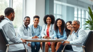 Professional diverse healthcare team having collaborative meeting in modern clinic setting with natural lighting and comfortable seating, focused expressions showing dedication to community health