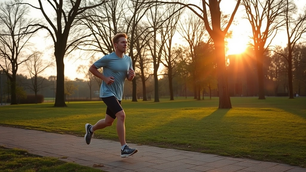 Person jogging outdoors in park at sunrise with trees and natural landscape, healthy active lifestyle demonstrating wellness and vitality for preventive health maintenance